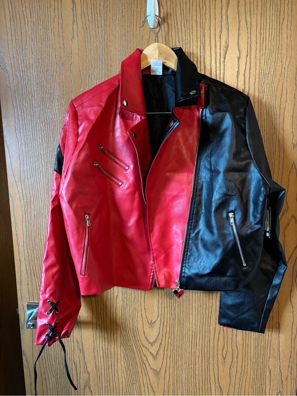 DC Harley Quinn Red and Black Two-Tone Faux Leather Moto Jacket - The Joker